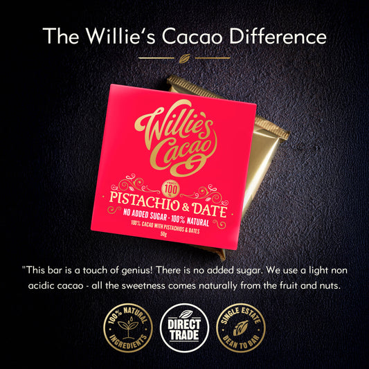 Pistachio & Date 100% Cacao bar. No Added Sugar. Vegan