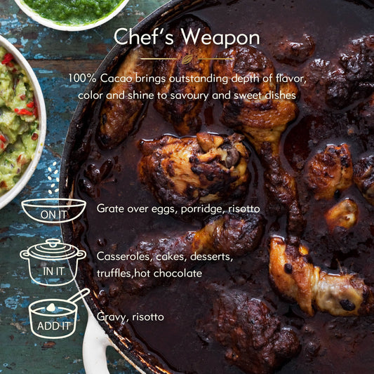 100% Sambirano Cacao for Cooking. Summer Fruit Notes. Vegan.