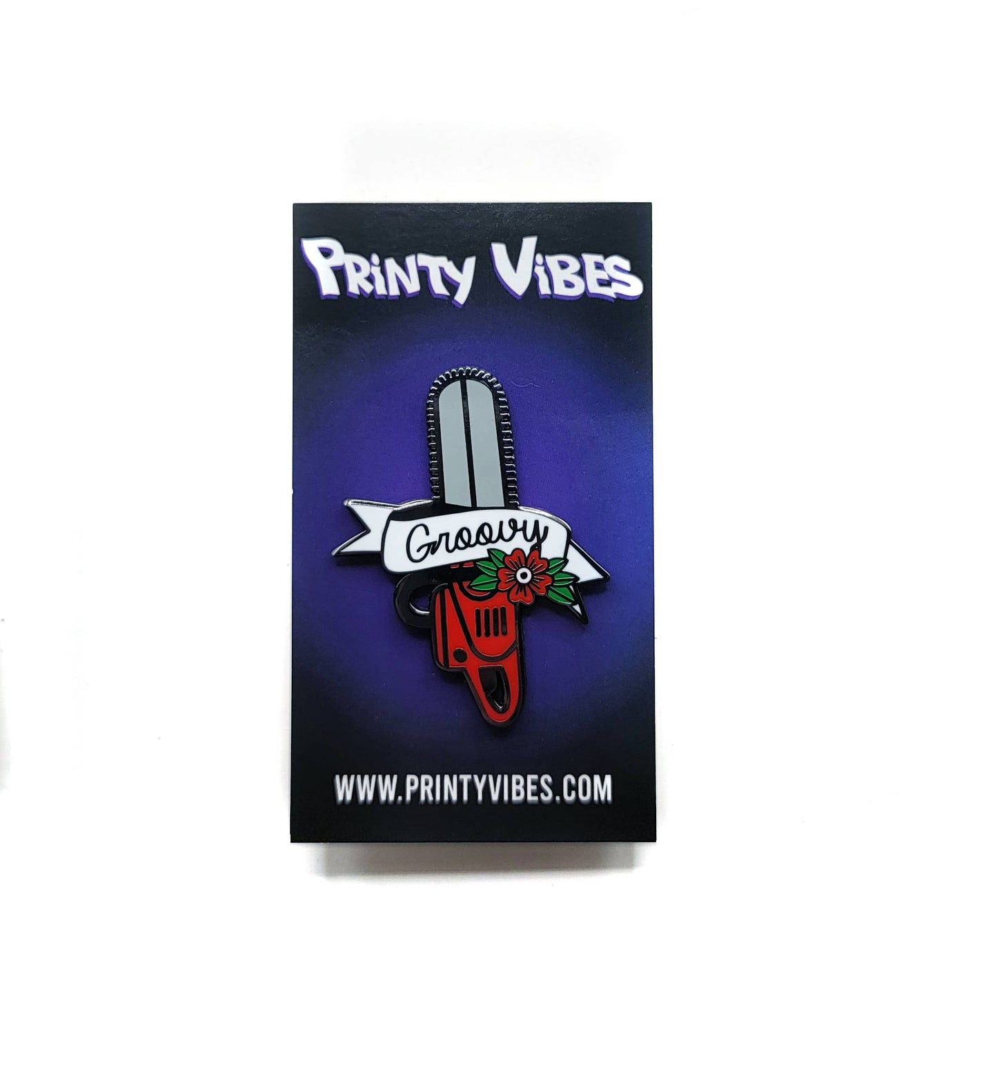 Groovy Chainsaw Horror Movie Enamel Lapel Pin