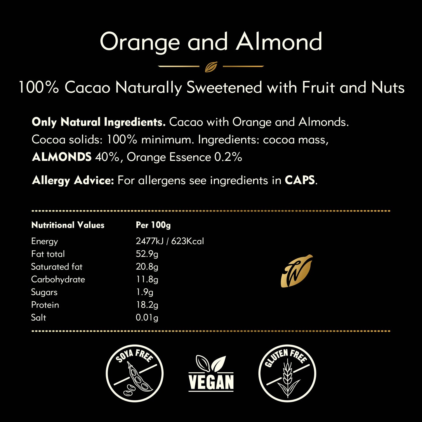 Orange & Almond 100% Cacao bar. No Added Sugar. Vegan