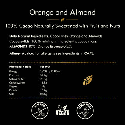 Orange & Almond 100% Cacao bar. No Added Sugar. Vegan