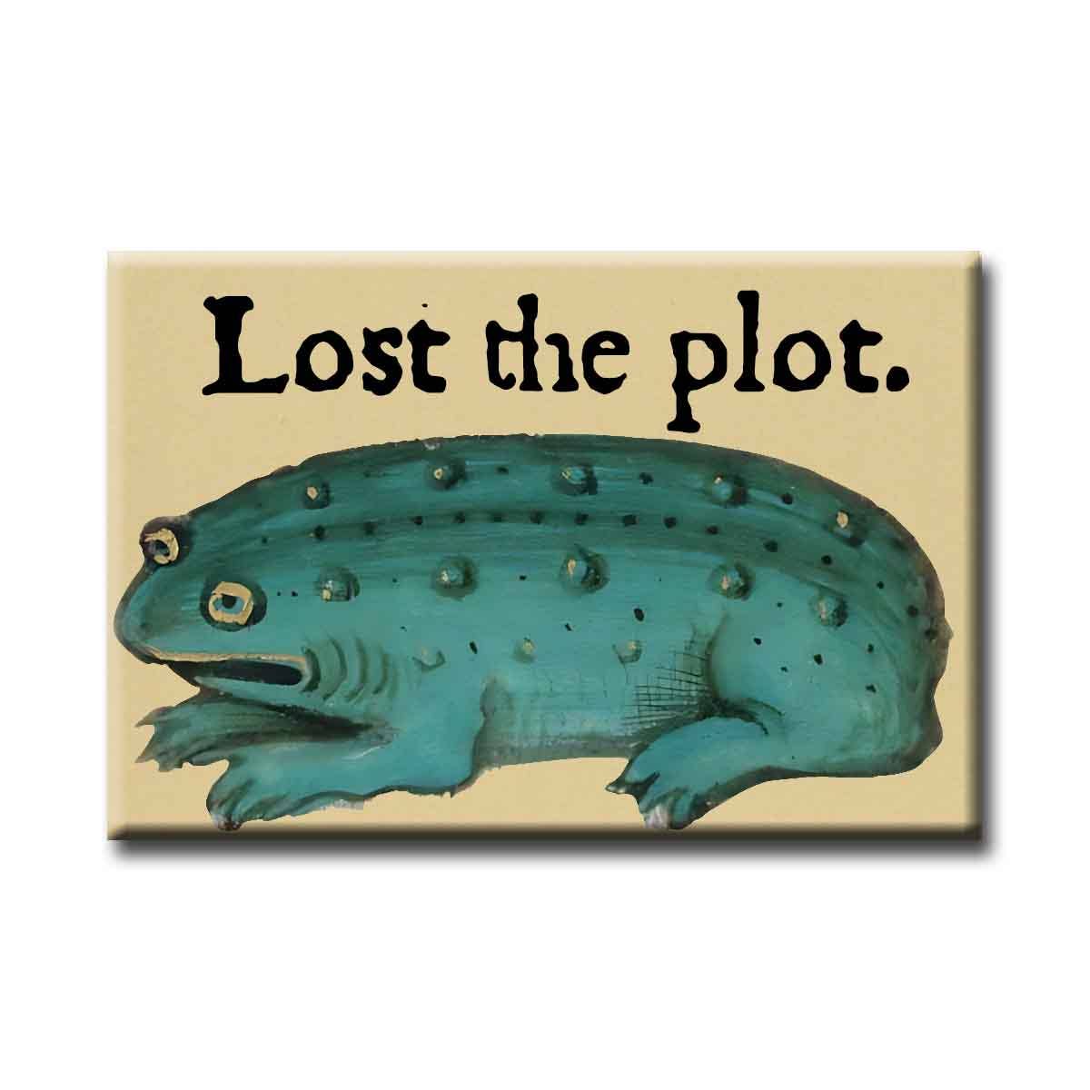 Teal frog with 'Lost the plot.' text on a beige background