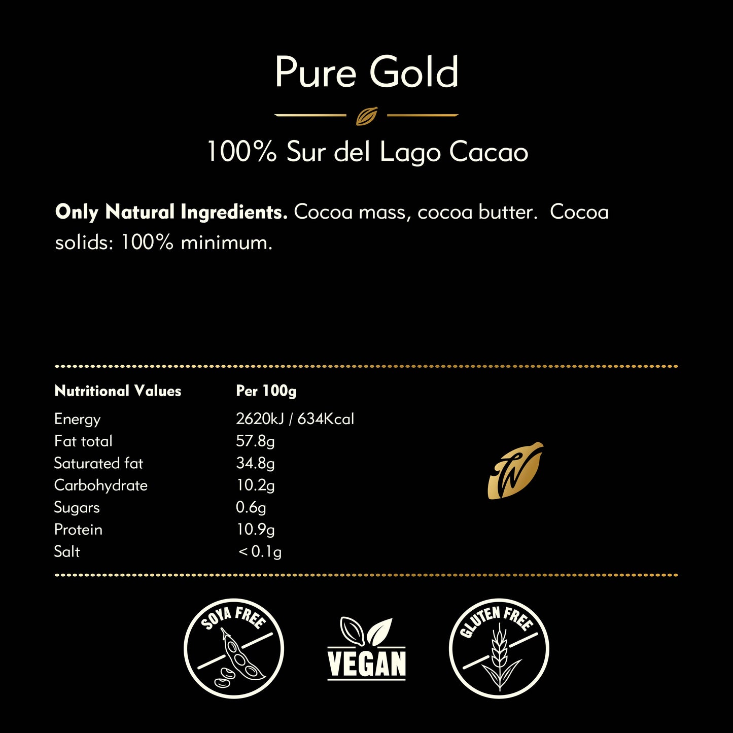 Pure Gold. Sur Del Lago 100% Cacao bar. Nutty Notes. Vegan