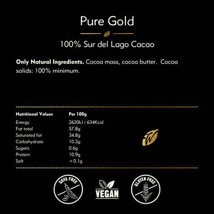 Pure Gold. Sur Del Lago 100% Cacao bar. Nutty Notes. Vegan