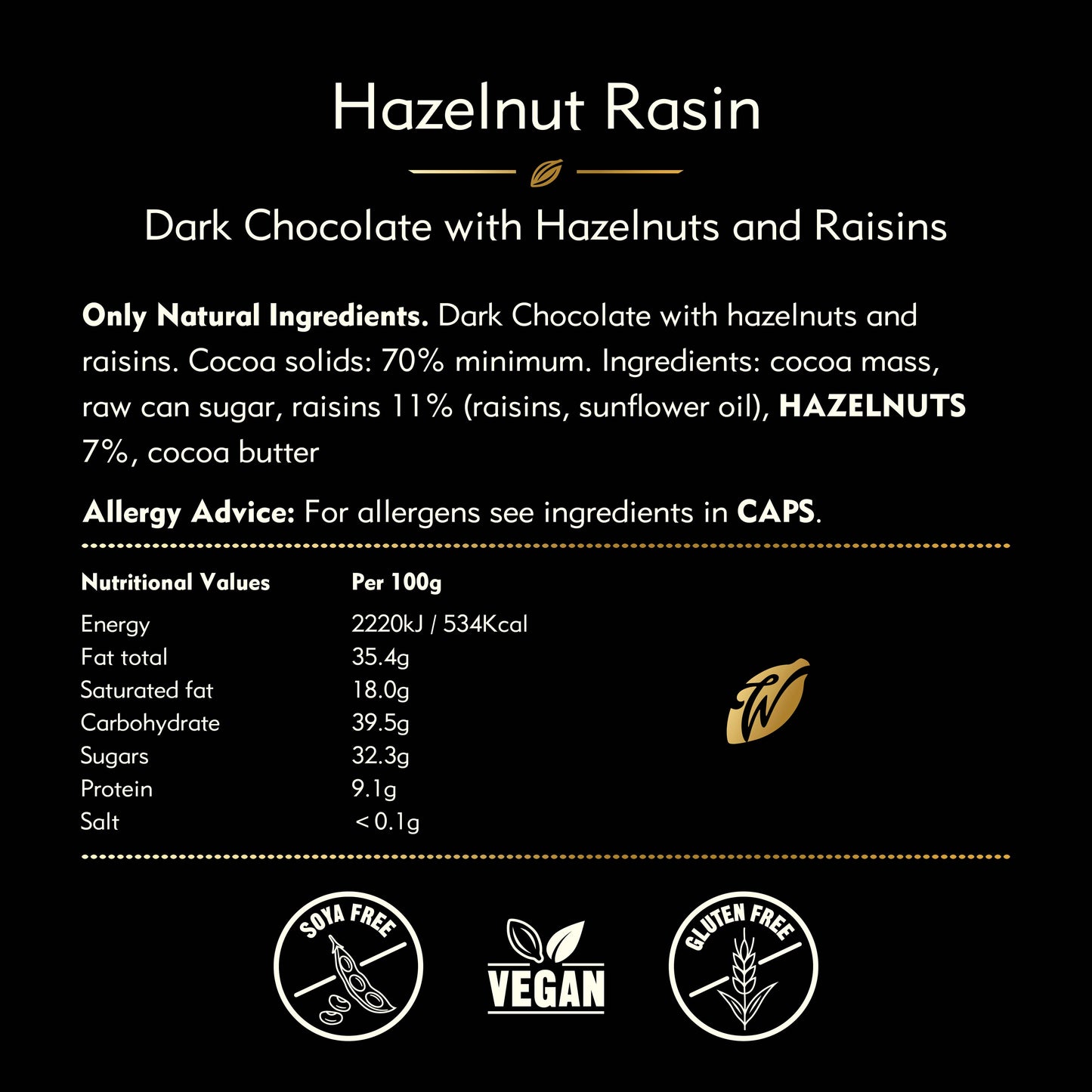 Hazelnut Raisin. Dark chocolate, 70% Cacao. Vegan. 50g bar