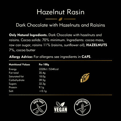 Hazelnut Raisin. Dark chocolate, 70% Cacao. Vegan. 50g bar