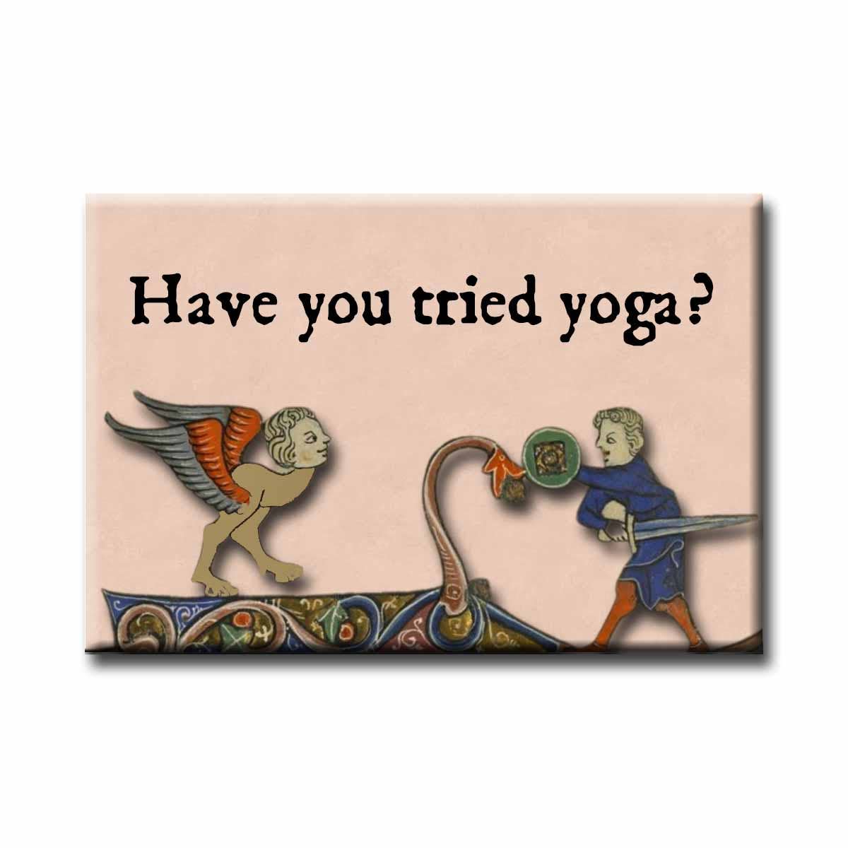 Marginalia angel and devil figures and text 'Have you tried yoga?' on a beige background.