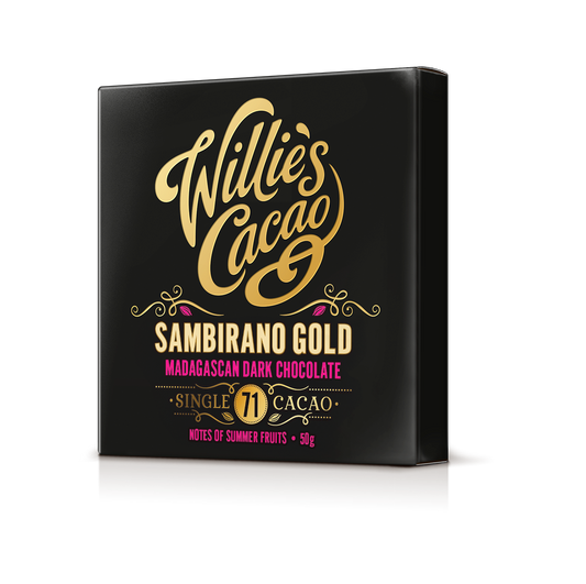 Sambirano 71% dark chocolate. Fruit notes. Vegan. 50g bar
