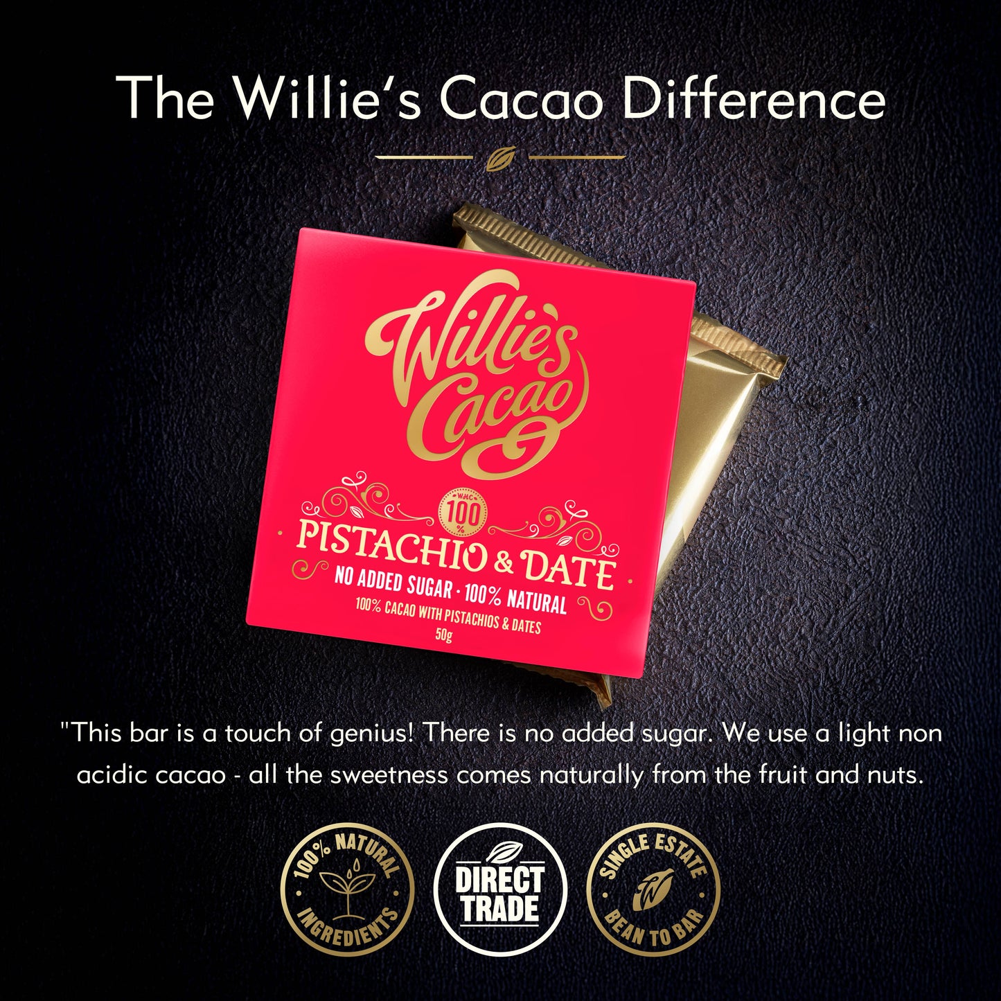 Pistachio & Date 100% Cacao bar. No Added Sugar. Vegan