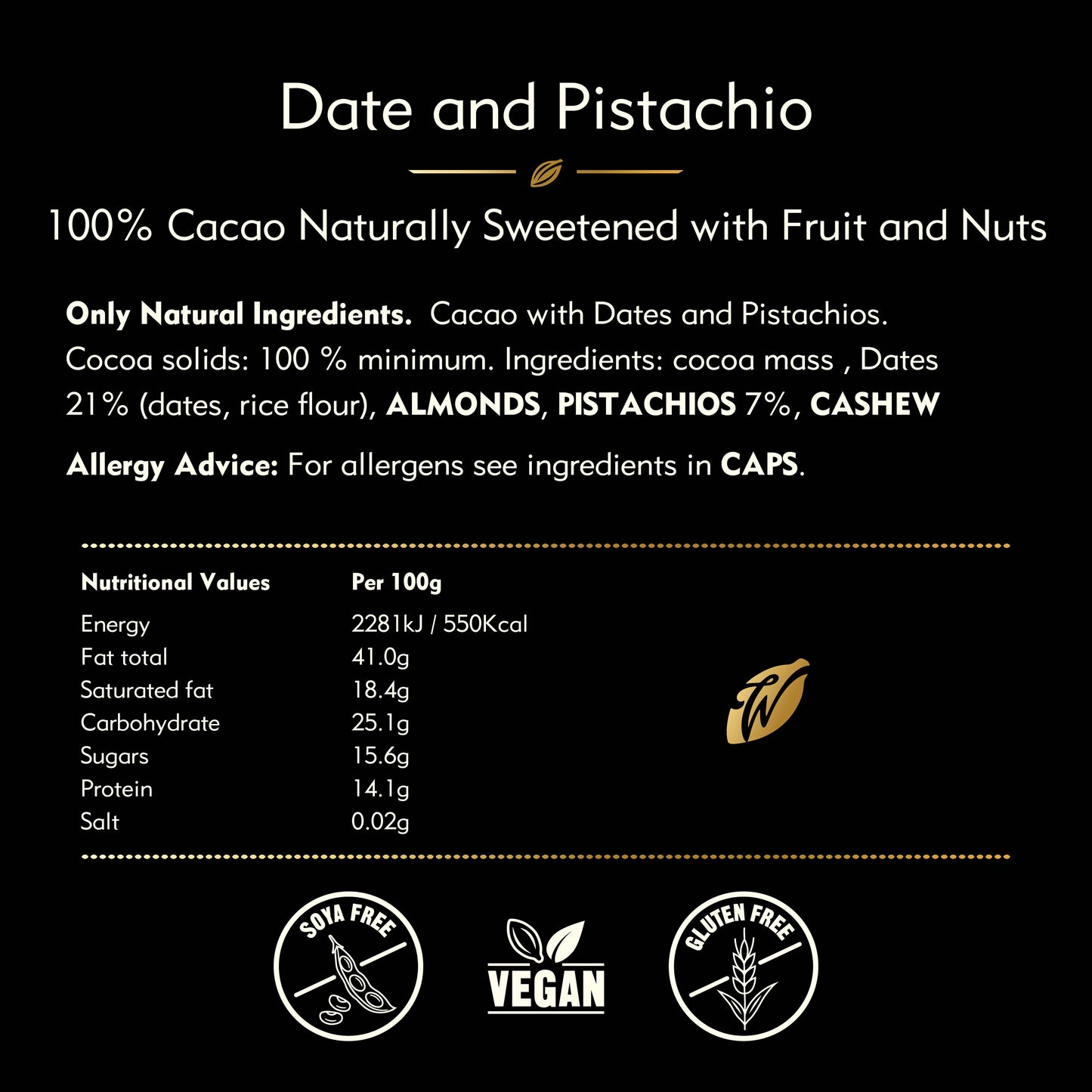 Pistachio & Date 100% Cacao bar. No Added Sugar. Vegan
