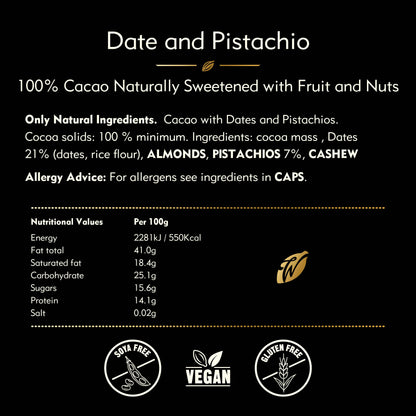 Pistachio & Date 100% Cacao bar. No Added Sugar. Vegan