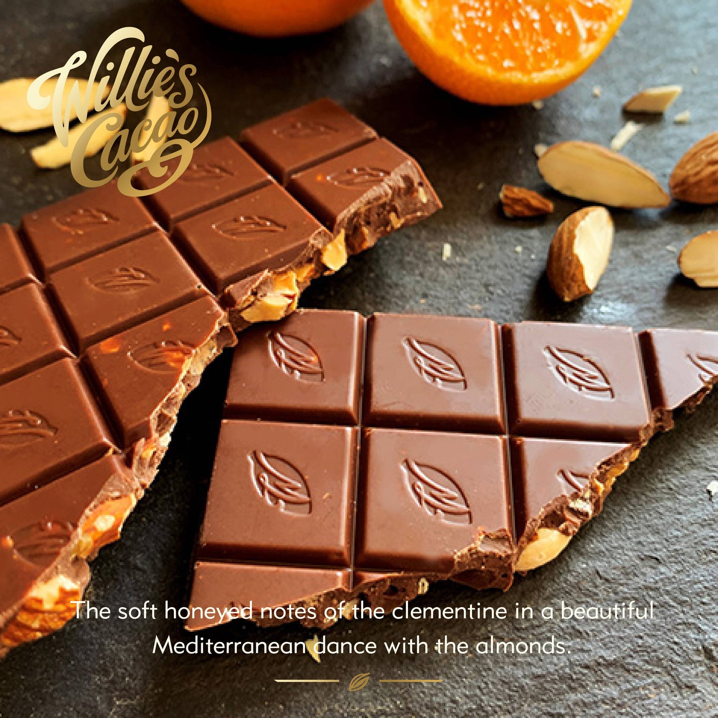 Clementina's Almonds. Milk Choc bar w Clementine & Almonds