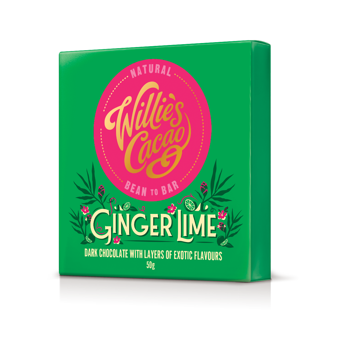 Ginger Lime. Dark chocolate w. ginger & lime. Vegan. 50g bar