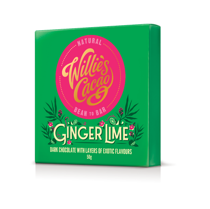 Ginger Lime. Dark chocolate w. ginger & lime. Vegan. 50g bar