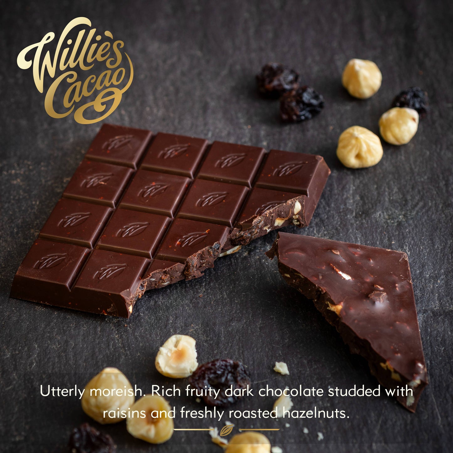 Hazelnut Raisin. Dark chocolate, 70% Cacao. Vegan. 50g bar