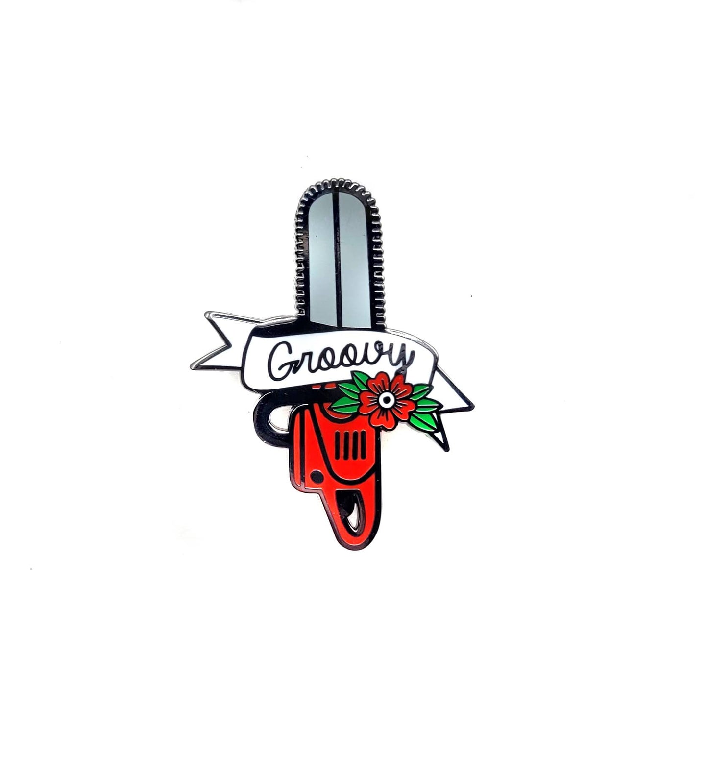 Groovy Chainsaw Horror Movie Enamel Lapel Pin