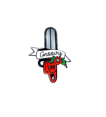 Groovy Chainsaw Horror Movie Enamel Lapel Pin