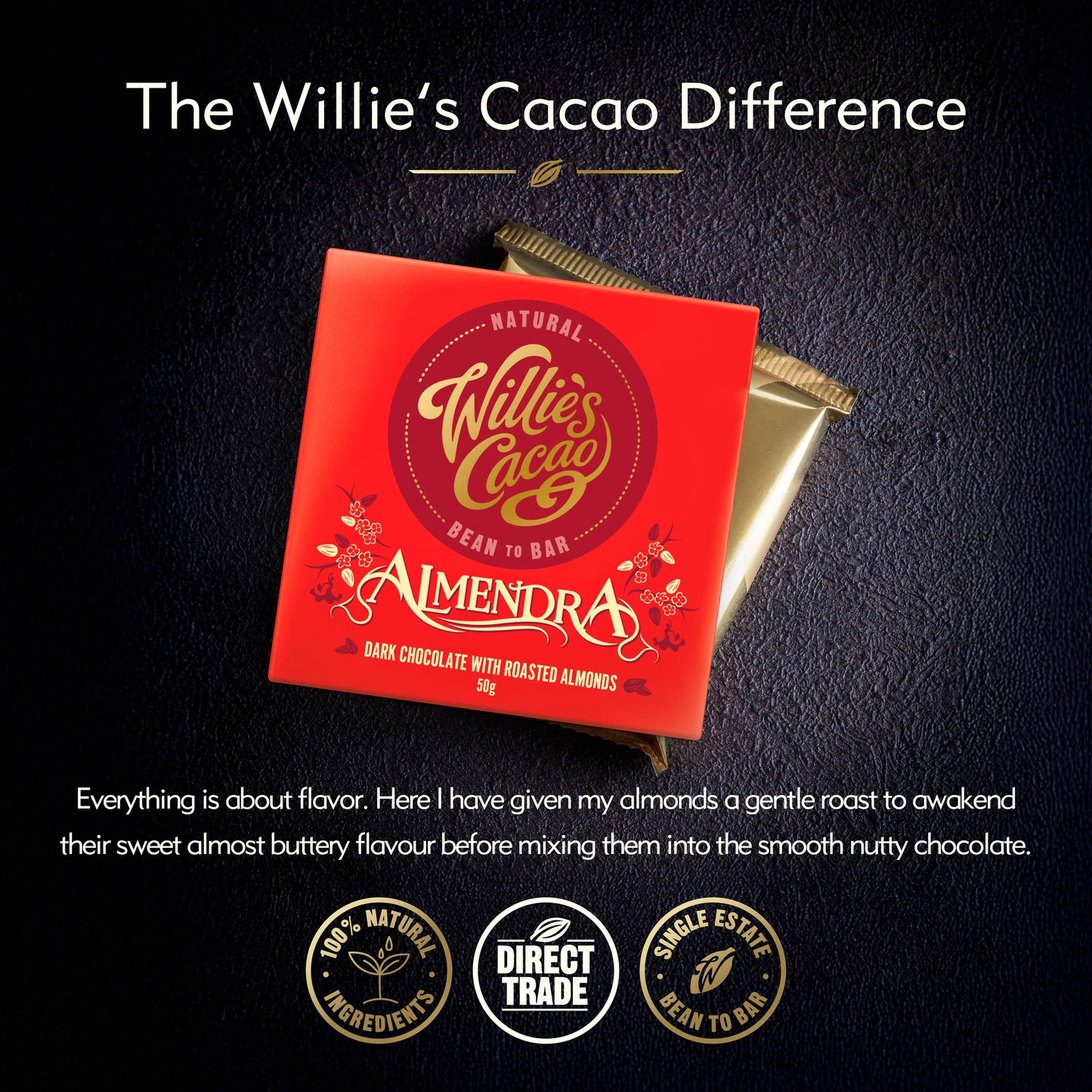 Almendra. Dark Chocolate Bar with Roasted Almonds. Vegan
