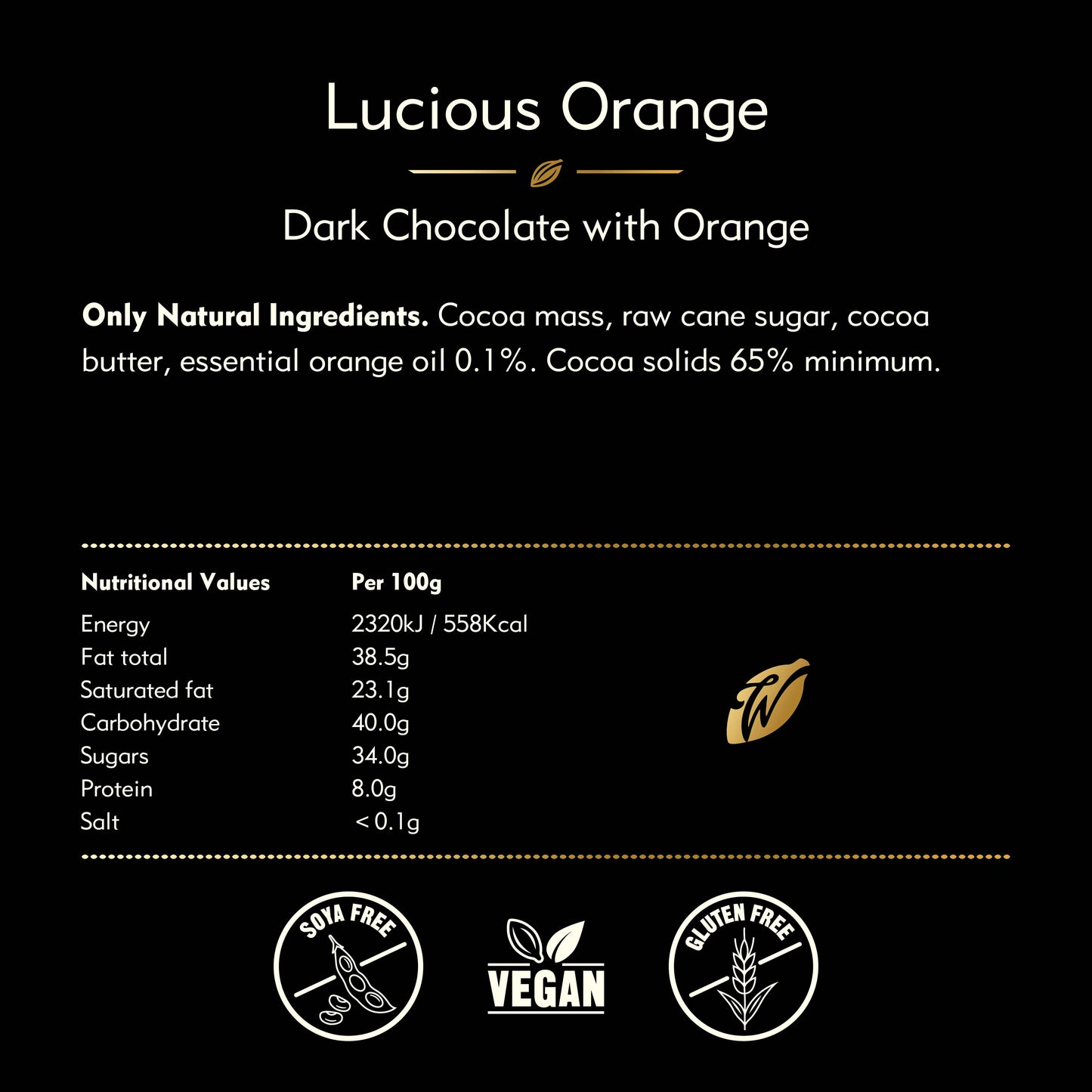 Luscious Orange. Dark Chocolate (70% Cacao) with Orange bar. Vegan.