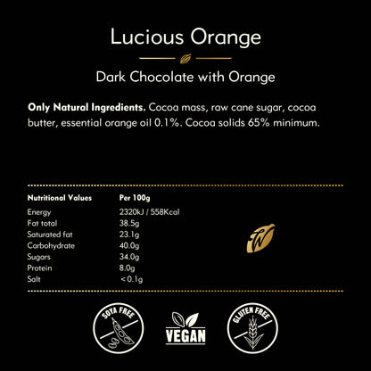 Luscious Orange. Dark Chocolate (70% Cacao) with Orange bar. Vegan.