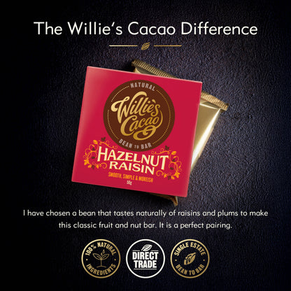 Hazelnut Raisin. Dark chocolate, 70% Cacao. Vegan. 50g bar