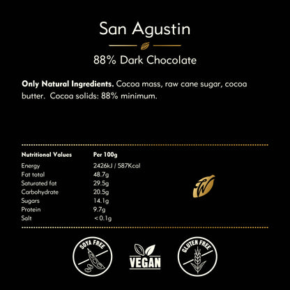 San Augustin 88% Dark Chocolate bar. Red Fruit notes. Vegan