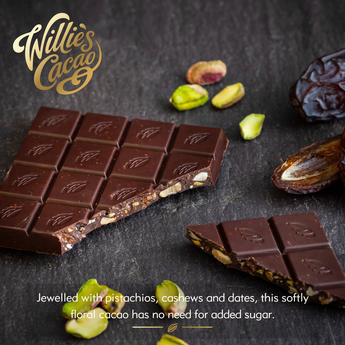 Pistachio & Date 100% Cacao bar. No Added Sugar. Vegan