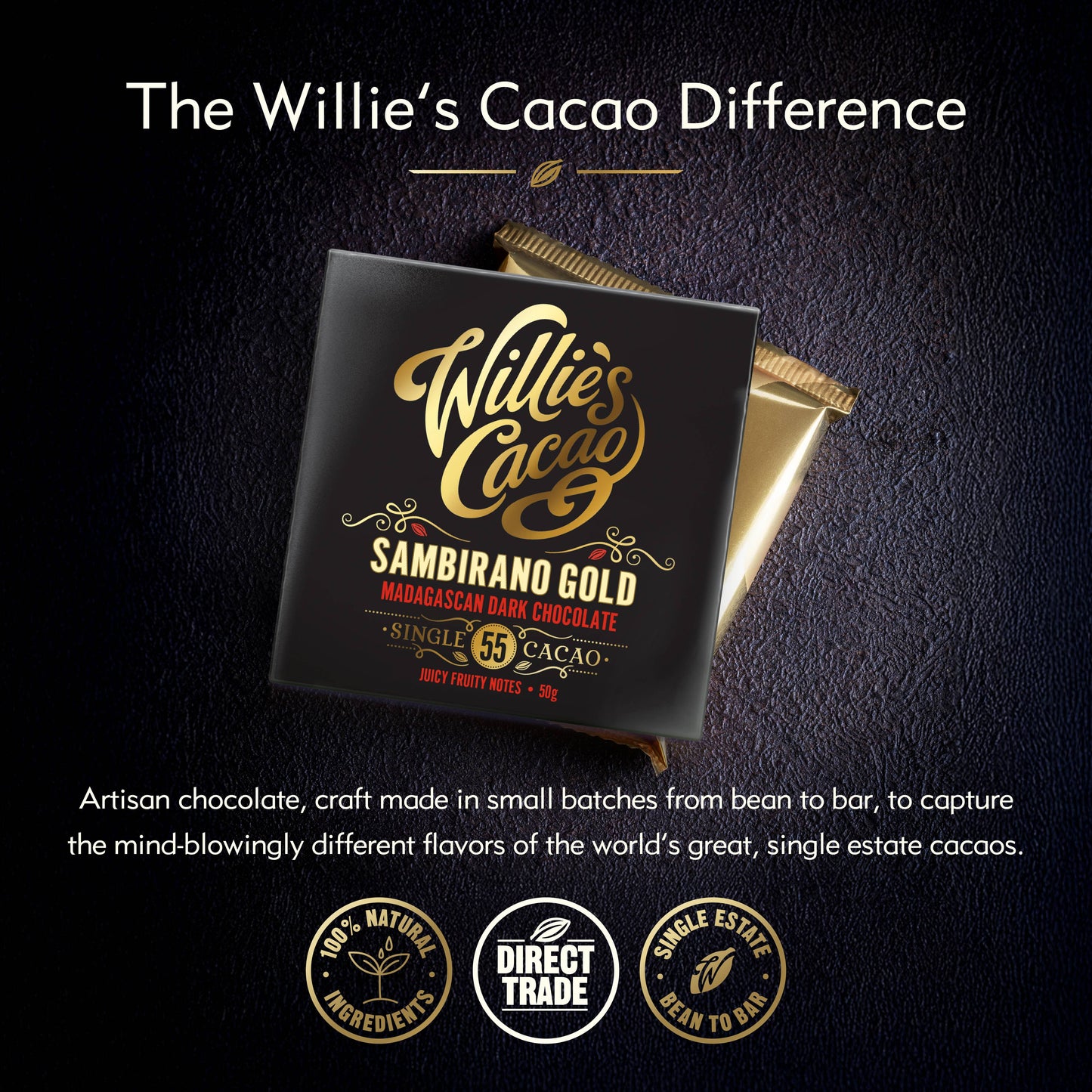 Sambirano 55% Dark Chocolate bar. Juicy Fruit Notes. Vegan