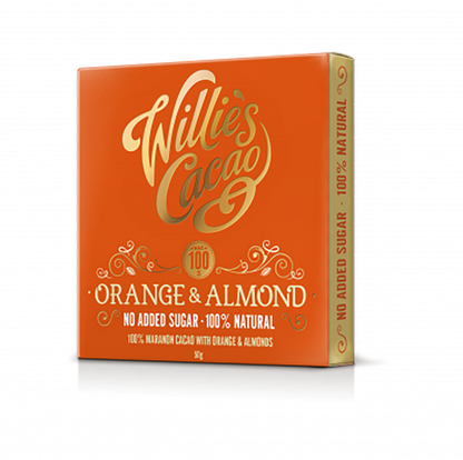 Orange & Almond. 100% cacao. No Added Sugar. Vegan. 50g bar