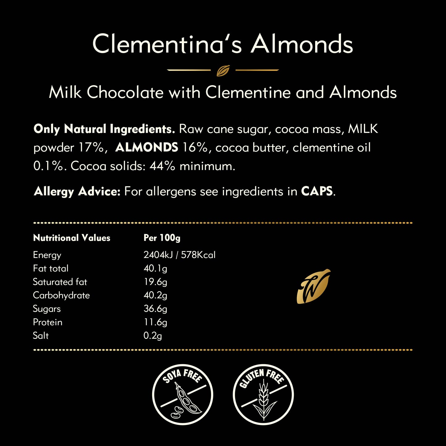 Clementina's Almonds. Milk Choc bar w Clementine & Almonds
