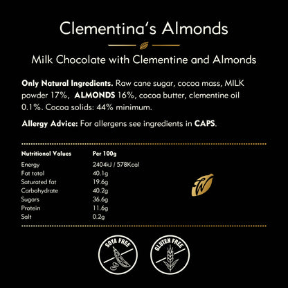 Clementina's Almonds. Milk Choc bar w Clementine & Almonds