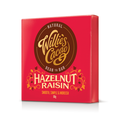 Hazelnut Raisin. Dark chocolate, 70% Cacao. Vegan. 50g bar