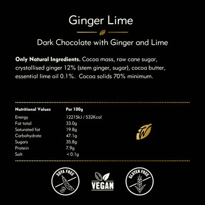 Ginger Lime. Dark Chocolate bar (70% Cacao) w. Ginger & Lime. Vegan
