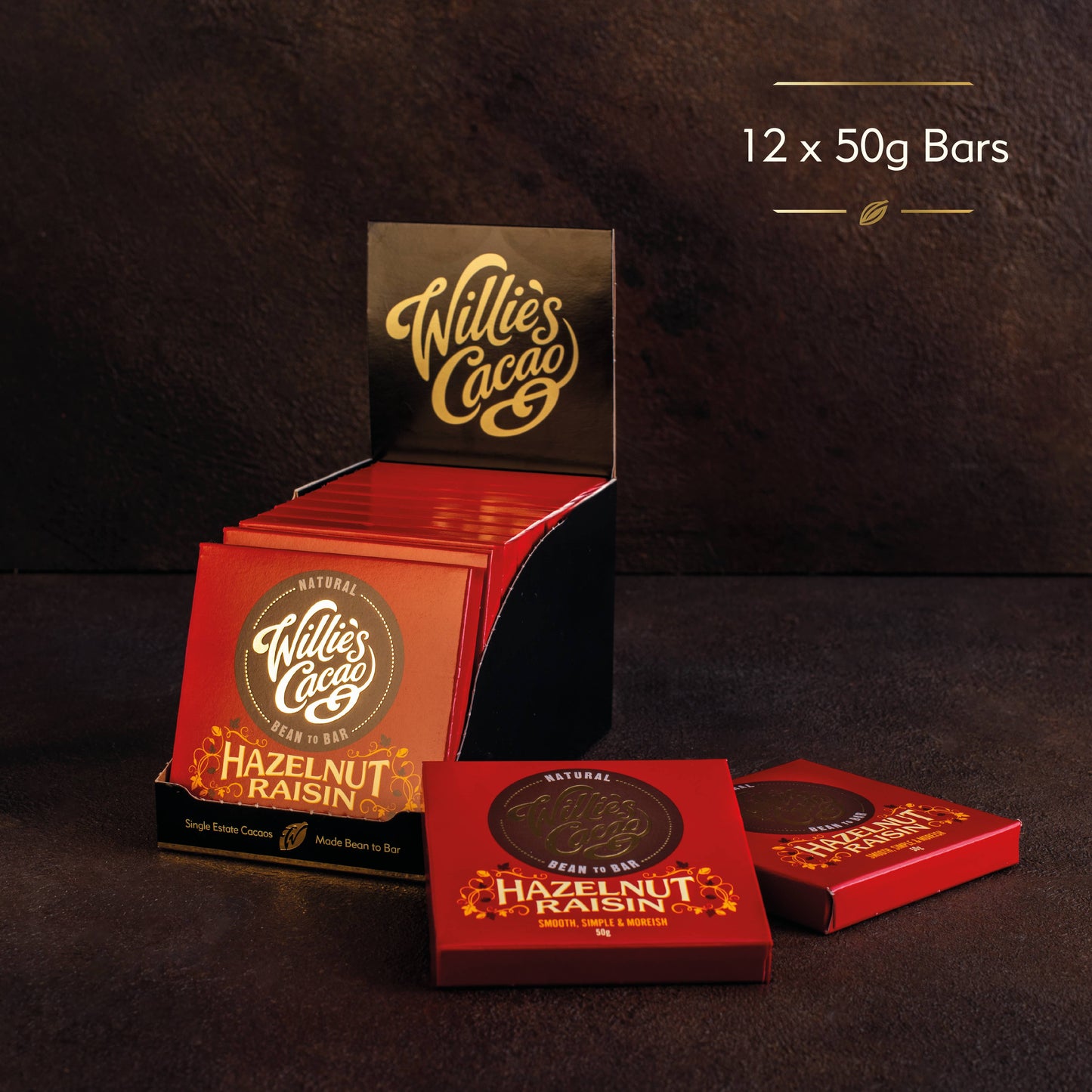 Hazelnut Raisin. Dark chocolate, 70% Cacao. Vegan. 50g bar