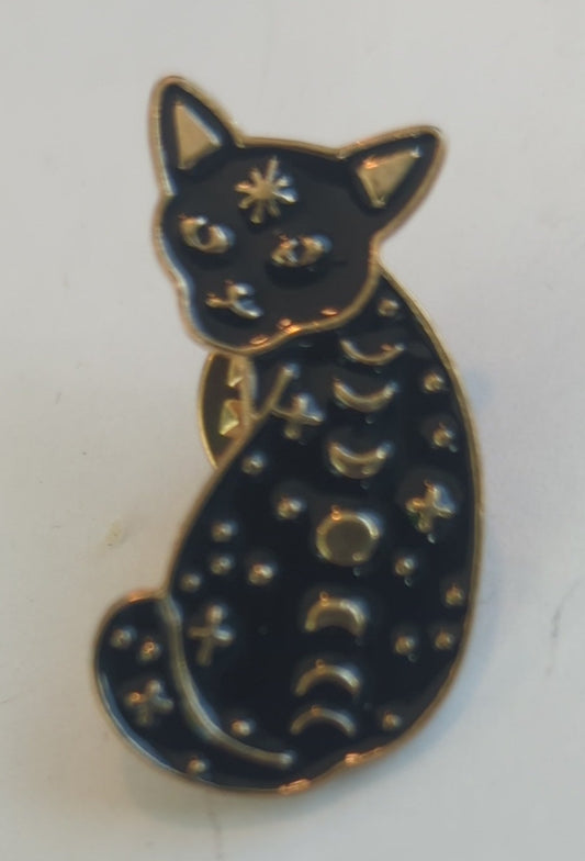 Cat Sitting w' Moon Phases & Stars Enamel Pin