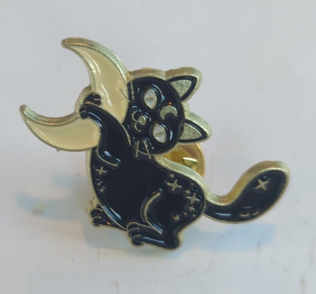 Cat Hanging from Crestent Moon Enamel Pin