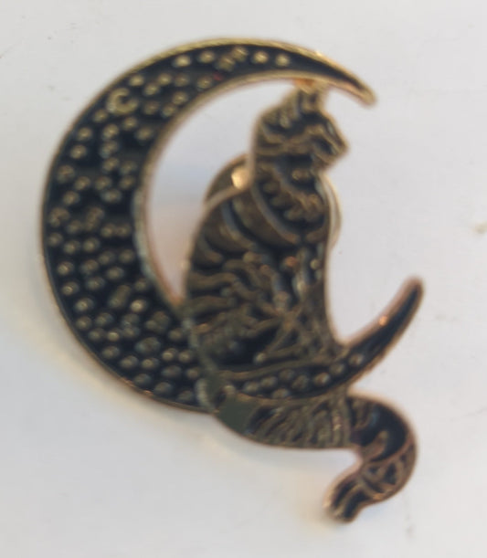 Cat Crescent Moon w' Stars Enamel Pin