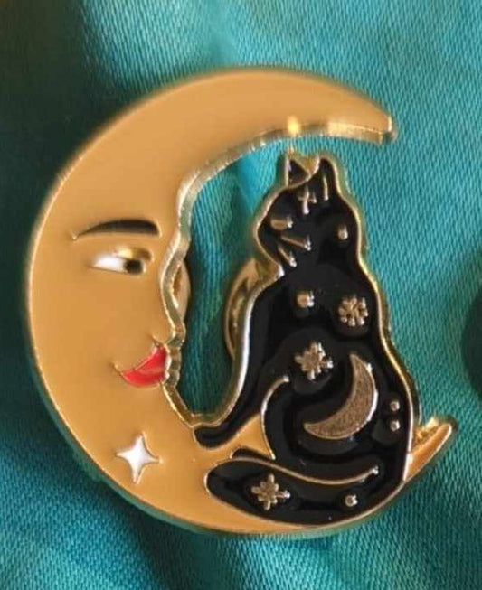 Cat in Yellow Crescent Moon Enamel Pin